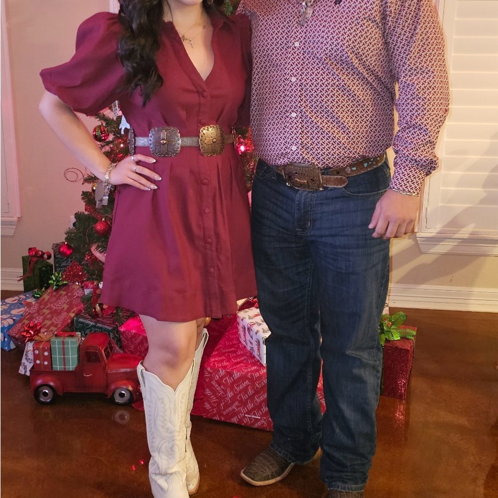Burgundy Dress with White Cowboy Boots